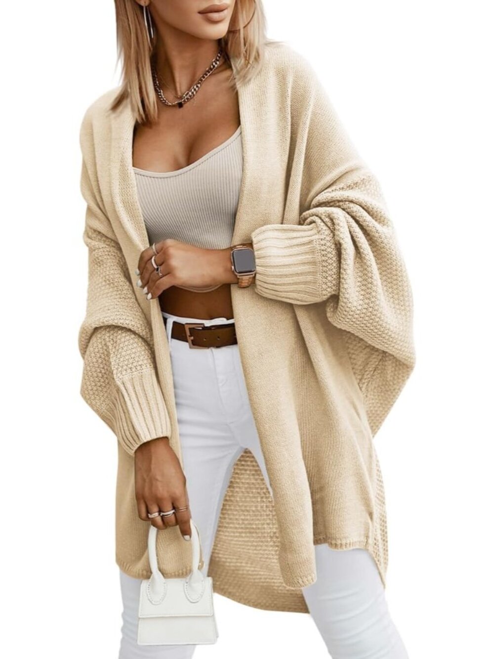 Women Apricot Batwing Sleeve Soft Comfy Dressy Casual Long Open Front Clothes